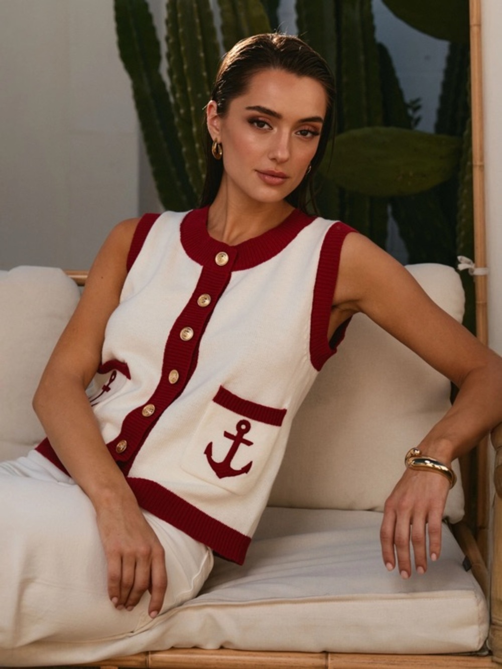 White and Red Anchor Knit Button-Up Sweater Vest